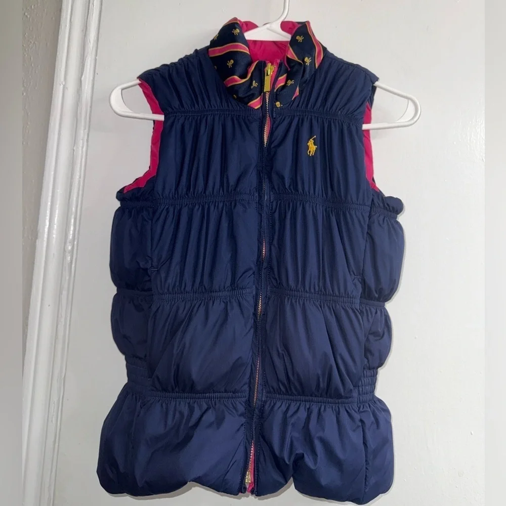 Ralph Lauren Girls Reversible Full Zip Down Puffer Vest Size 8-10 Pink/navy blue
